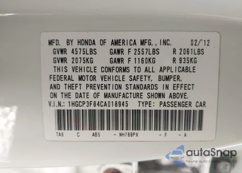 2012 Honda Accord Sdn 3.5 Ex-L/Ex-L z USA, uszkodzony, nr VIN 1HGCP3F84CA018945